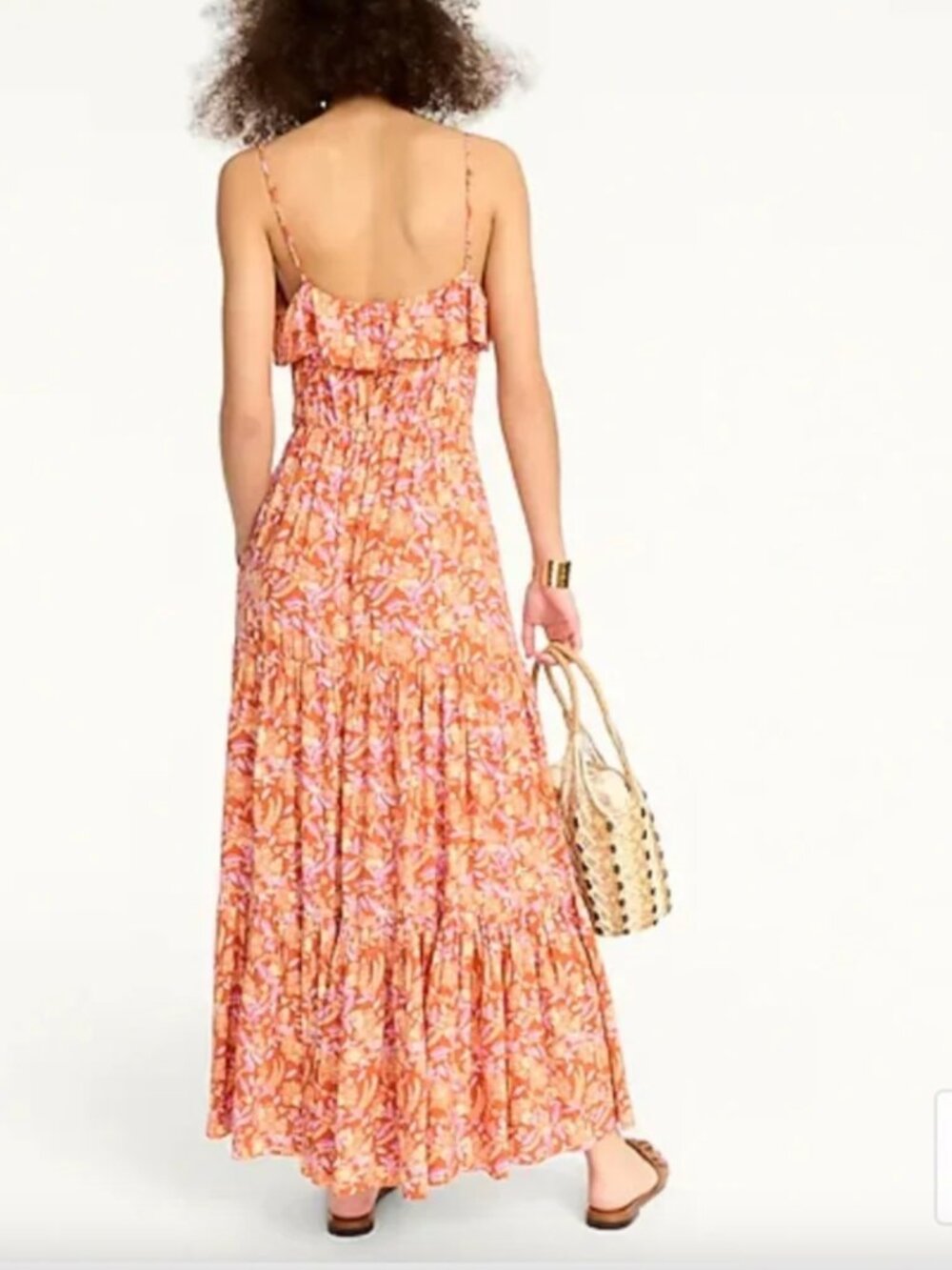 J. Crew • Floral Orange Pink Ruffle Tiered Maxi Dress in Painted Block Print • M - Picture 3 of 15